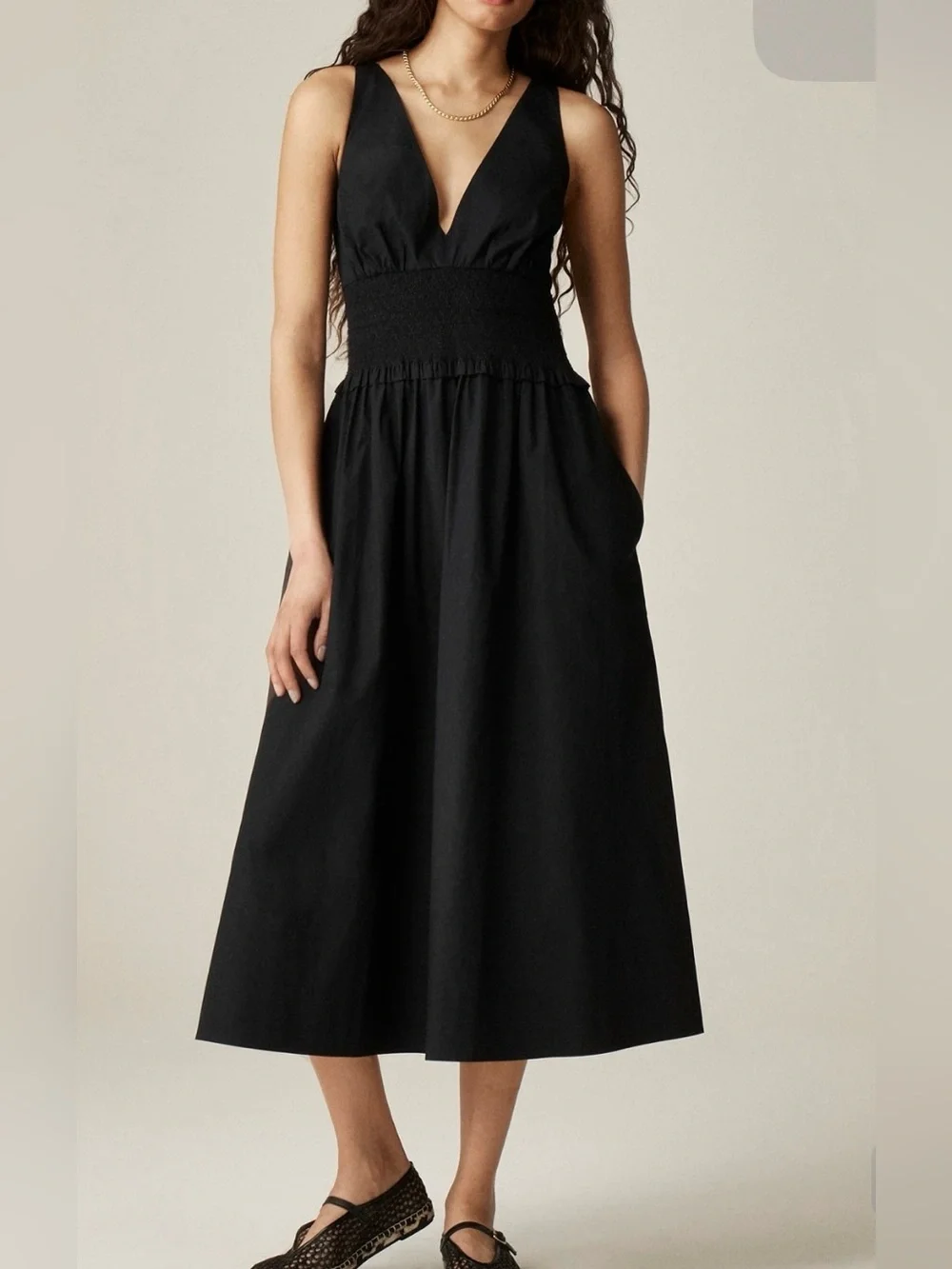 J.Crew Plunge smocked-waist dress in cotton poplin ~ BLACK ~ Sz XXS